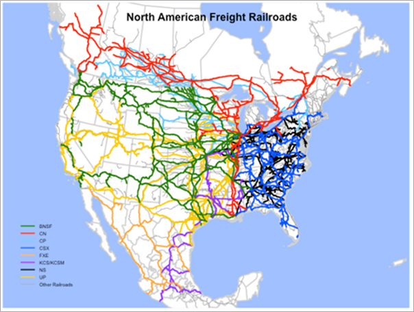 Track distribution in North America, prior to CP-KCS merger