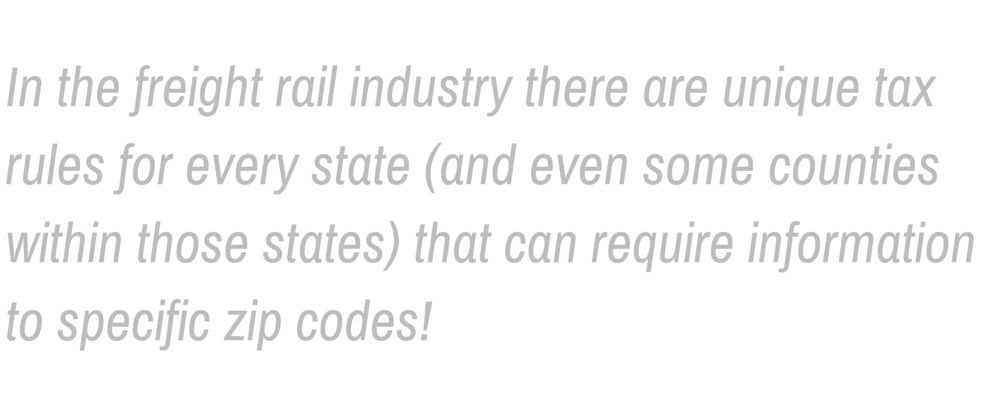 A pull quote that reads: "In the freight rail industry there are unique rules for every state (and even some counties within those states) that can require information to specific zip codes!